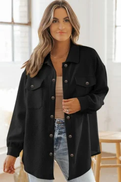 Outlet Dear-Lover Solid Textured Flap Pocket Buttoned Shacket Black