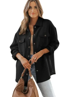 Outlet Dear-Lover Solid Textured Flap Pocket Buttoned Shacket Black
