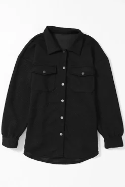Outlet Dear-Lover Solid Textured Flap Pocket Buttoned Shacket Black
