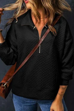 New Dear-Lover Solid Textured Half Zipper Collared Sweatshirt Black