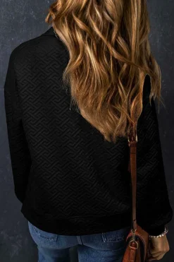 New Dear-Lover Solid Textured Half Zipper Collared Sweatshirt Black