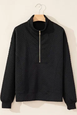 New Dear-Lover Solid Textured Half Zipper Collared Sweatshirt Black