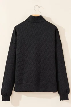 New Dear-Lover Solid Textured Half Zipper Collared Sweatshirt Black