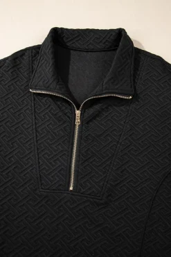 New Dear-Lover Solid Textured Half Zipper Collared Sweatshirt Black