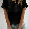 Fashion Dear-Lover Solid Textured Ruffled Short Sleeve Blouse Black