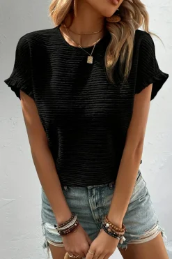 Fashion Dear-Lover Solid Textured Ruffled Short Sleeve Blouse Black