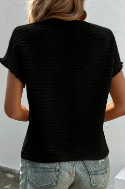 Fashion Dear-Lover Solid Textured Ruffled Short Sleeve Blouse Black