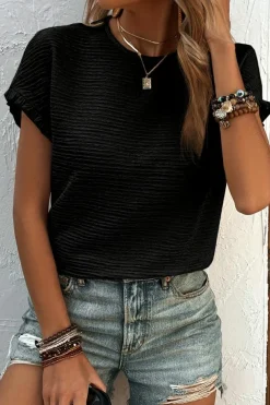 Fashion Dear-Lover Solid Textured Ruffled Short Sleeve Blouse Black