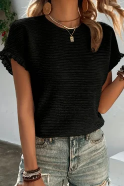 Fashion Dear-Lover Solid Textured Ruffled Short Sleeve Blouse Black