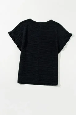 Fashion Dear-Lover Solid Textured Ruffled Short Sleeve Blouse Black