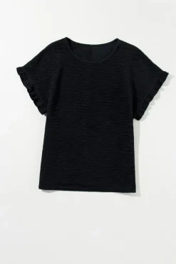 Fashion Dear-Lover Solid Textured Ruffled Short Sleeve Blouse Black