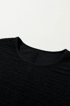 Fashion Dear-Lover Solid Textured Ruffled Short Sleeve Blouse Black