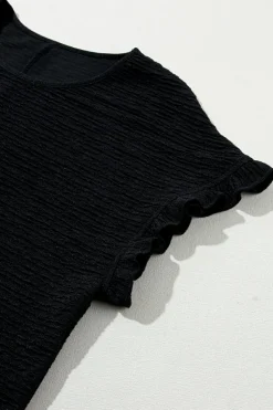 Fashion Dear-Lover Solid Textured Ruffled Short Sleeve Blouse Black