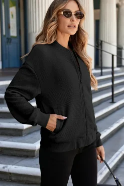Discount Dear-Lover Solid Textured Stand Neck Zipper Bomber Jacket Black