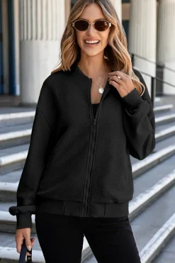 Discount Dear-Lover Solid Textured Stand Neck Zipper Bomber Jacket Black