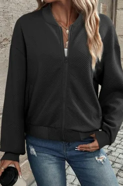 Discount Dear-Lover Solid Textured Stand Neck Zipper Bomber Jacket Black