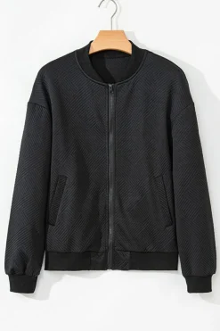 Discount Dear-Lover Solid Textured Stand Neck Zipper Bomber Jacket Black