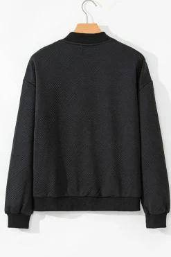 Discount Dear-Lover Solid Textured Stand Neck Zipper Bomber Jacket Black