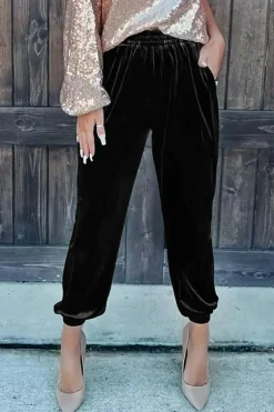 Best Dear-Lover Solid Velvet Jogger Pants Black