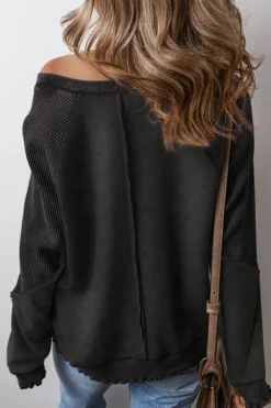 Outlet Dear-Lover Solid Waffle Knit Patchwork Raglan Sleeve Sweatshirt Black