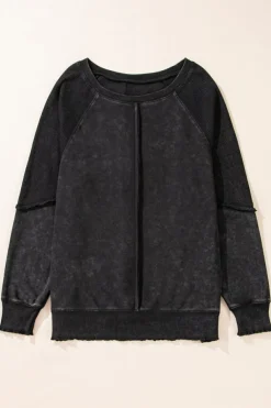 Outlet Dear-Lover Solid Waffle Knit Patchwork Raglan Sleeve Sweatshirt Black