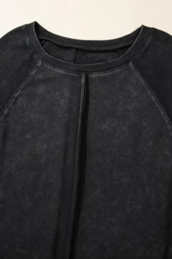 Outlet Dear-Lover Solid Waffle Knit Patchwork Raglan Sleeve Sweatshirt Black