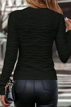 Online Dear-Lover Solid Wavy Textured Slim Fit Long Sleeve T Shirt Black