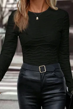Online Dear-Lover Solid Wavy Textured Slim Fit Long Sleeve T Shirt Black
