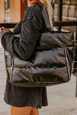 Online Dear-Lover Solid Zipper Puffer Large Tote Bag Black
