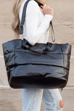 Online Dear-Lover Solid Zipper Puffer Large Tote Bag Black