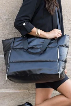 Online Dear-Lover Solid Zipper Puffer Large Tote Bag Black