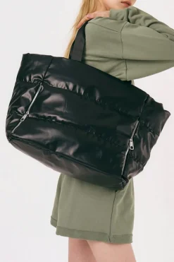 Online Dear-Lover Solid Zipper Puffer Large Tote Bag Black