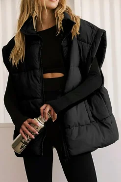 Hot Dear-Lover Solid Zipper Stand Neck Oversized Puffer Vest Black