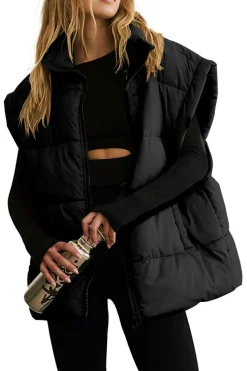 Hot Dear-Lover Solid Zipper Stand Neck Oversized Puffer Vest Black
