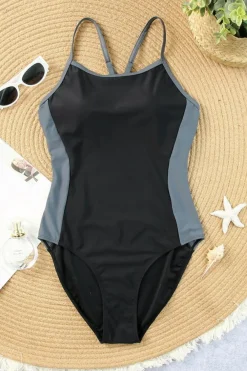 Sale Dear-Lover Spaghetti Strap Cutout Back Sporty One Piece Swimsuit Black