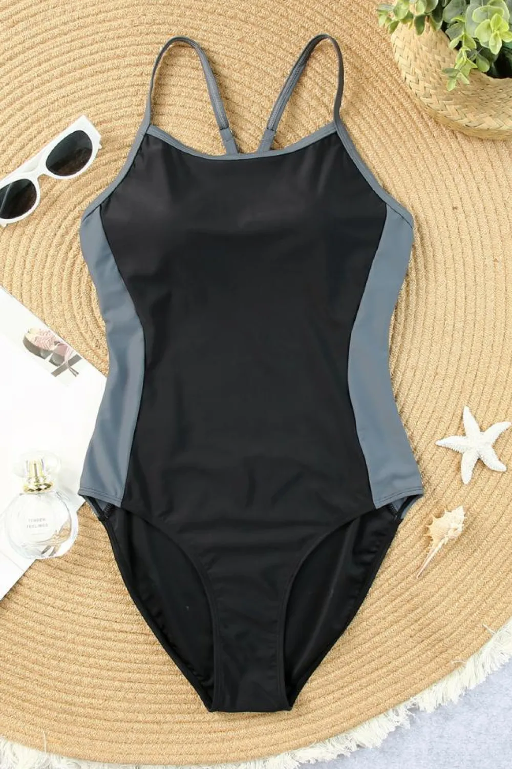 Sale Dear-Lover Spaghetti Strap Cutout Back Sporty One Piece Swimsuit Black
