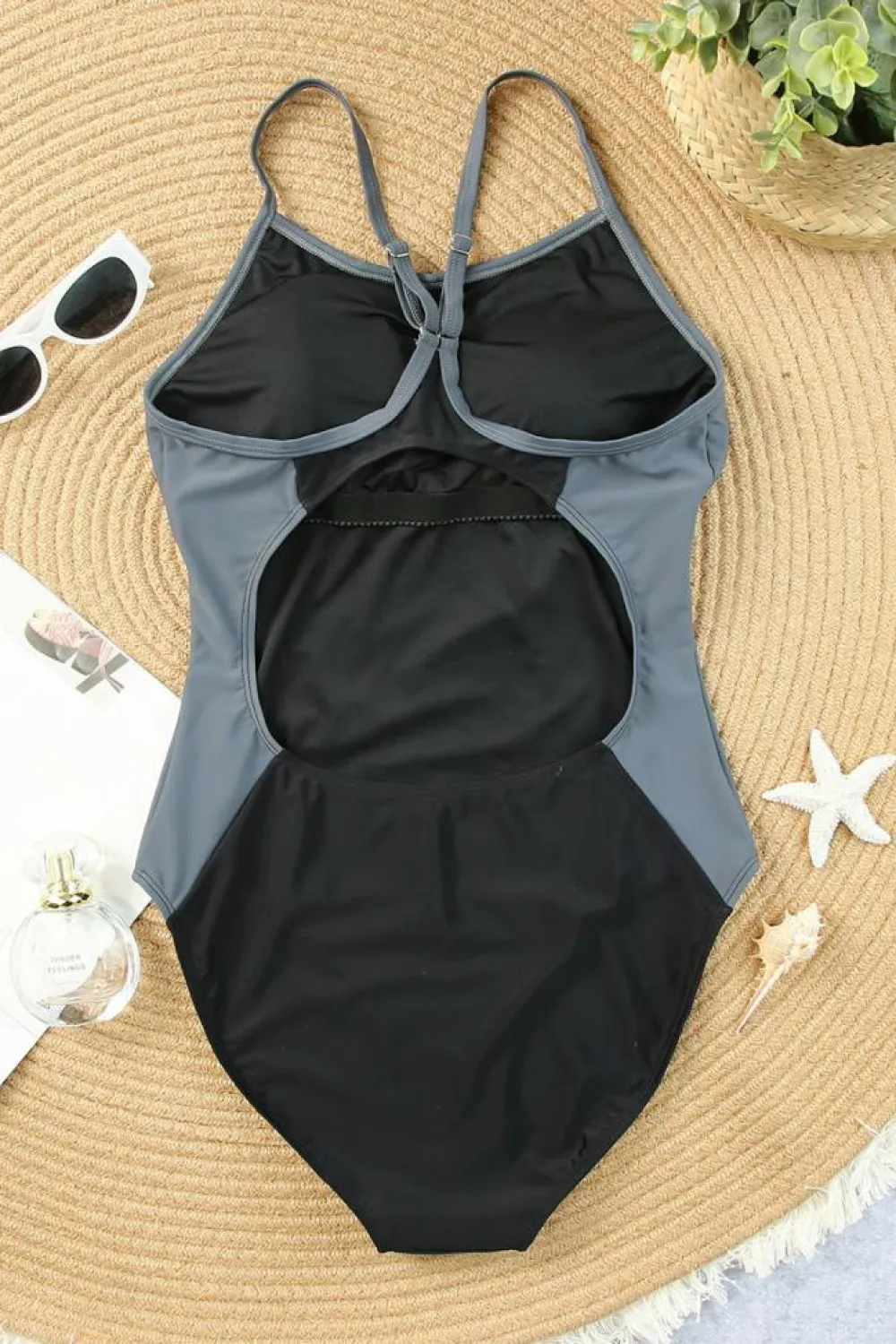 Sale Dear-Lover Spaghetti Strap Cutout Back Sporty One Piece Swimsuit Black