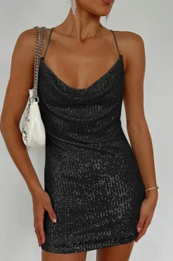 Online Dear-Lover Spaghetti Straps Cross Back Sequin Mini Dress Black