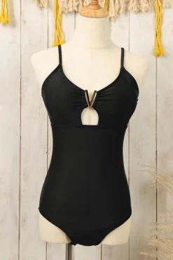 Discount Dear-Lover Spaghetti Straps Metal V Decor One-Piece Swimsuit Black