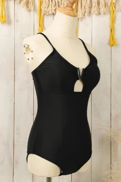 Discount Dear-Lover Spaghetti Straps Metal V Decor One-Piece Swimsuit Black