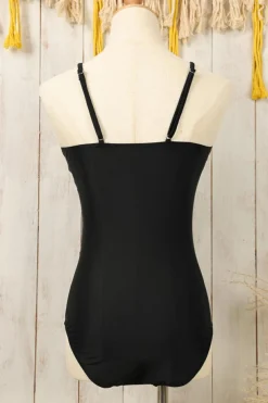 Discount Dear-Lover Spaghetti Straps Metal V Decor One-Piece Swimsuit Black