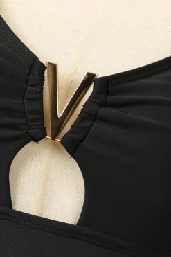 Discount Dear-Lover Spaghetti Straps Metal V Decor One-Piece Swimsuit Black