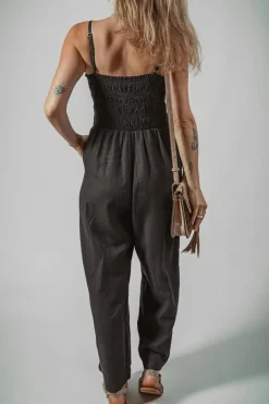 Hot Dear-Lover Spaghetti Straps Shirred Bodice Pocketed Wide Leg Jumpsuit Black