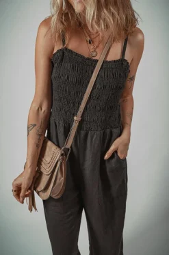 Hot Dear-Lover Spaghetti Straps Shirred Bodice Pocketed Wide Leg Jumpsuit Black