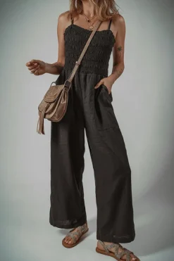 Hot Dear-Lover Spaghetti Straps Shirred Bodice Pocketed Wide Leg Jumpsuit Black
