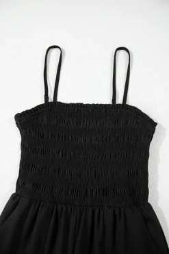 Hot Dear-Lover Spaghetti Straps Shirred Bodice Pocketed Wide Leg Jumpsuit Black