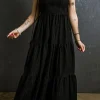 Sale Dear-Lover Spaghetti Straps Smocked Pleated Tiered Maxi Dress Black