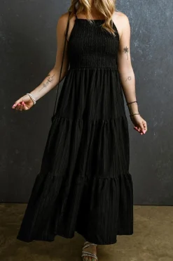 Sale Dear-Lover Spaghetti Straps Smocked Pleated Tiered Maxi Dress Black