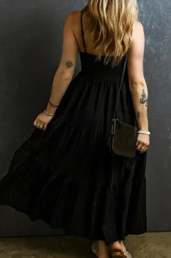Sale Dear-Lover Spaghetti Straps Smocked Pleated Tiered Maxi Dress Black