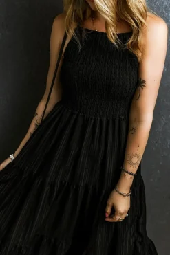 Sale Dear-Lover Spaghetti Straps Smocked Pleated Tiered Maxi Dress Black
